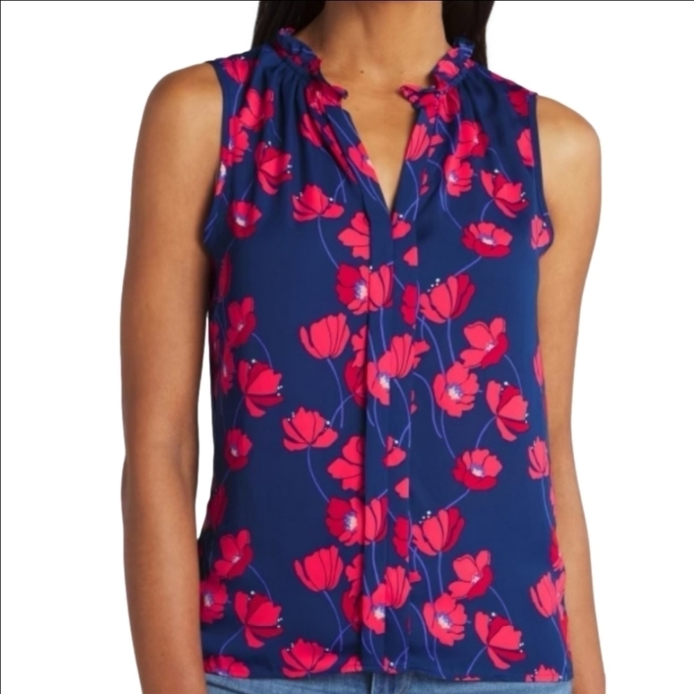 41 Hawthorn blue and red flowered sleeveless blouse with collar detail, Size LP